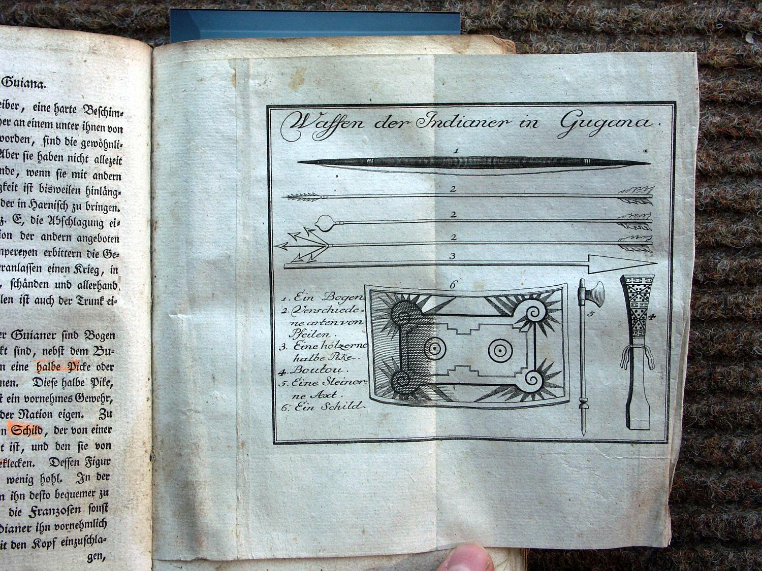 zz-barr50,s.124a guayana gravur-keule und axt und bogen